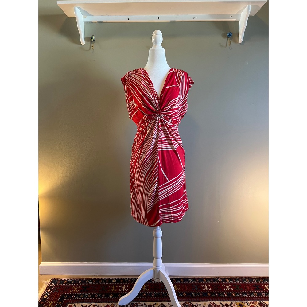 Lady by Yoana Baraschi Red White Striped Twist Front‎ V-Neck Sheath Dress Small
